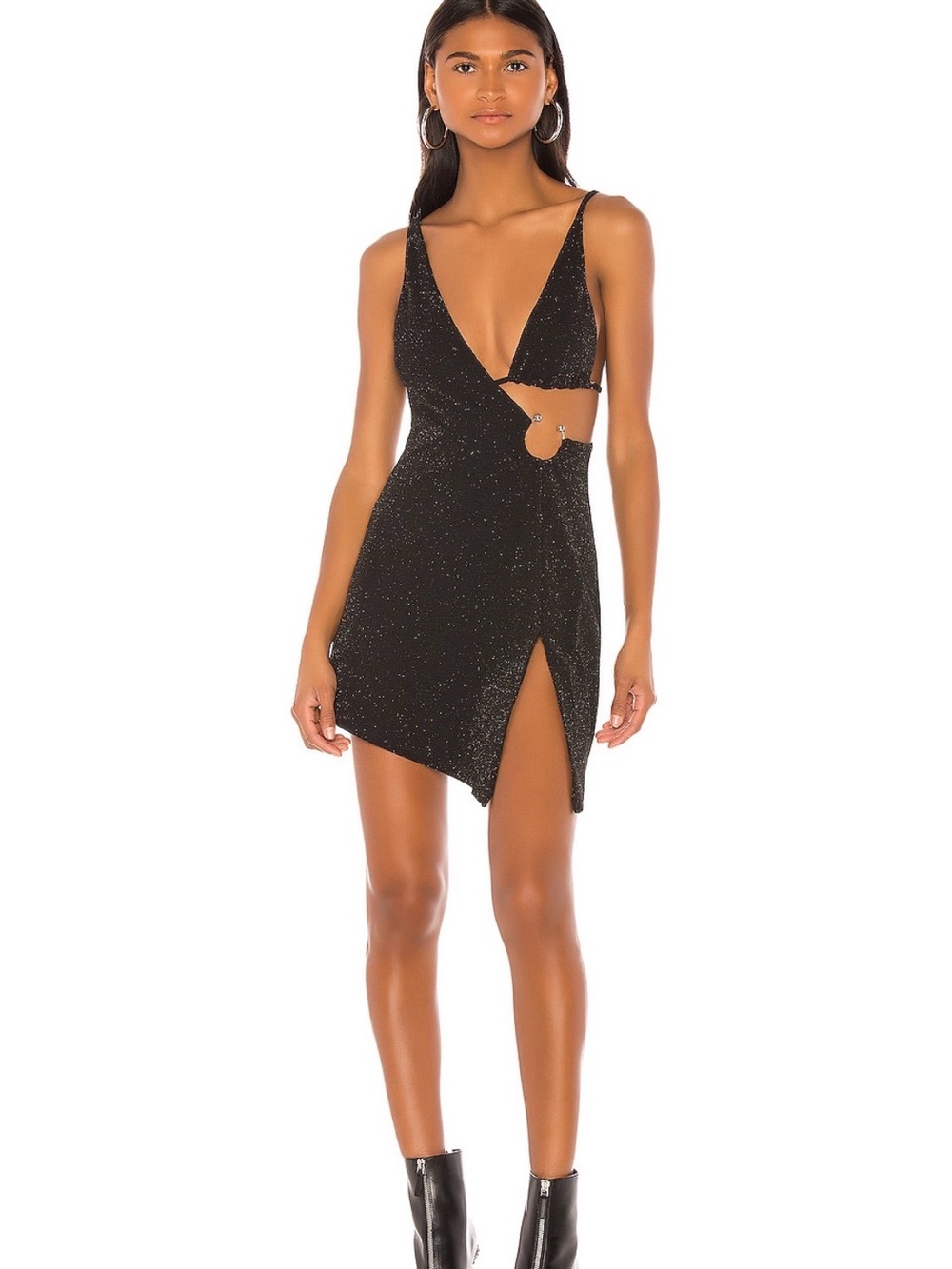 h:ours Black Glitter Cutout Mini Dress with Side Slit
